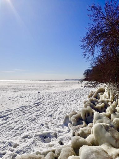 Schneebedeckte Uferlandschaft mit gefrorenem Wasser und strahlend blauem Himmel.