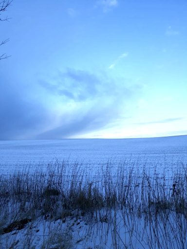 Winterlandschaft mit schneebedecktem Feld und blauem Himmel.